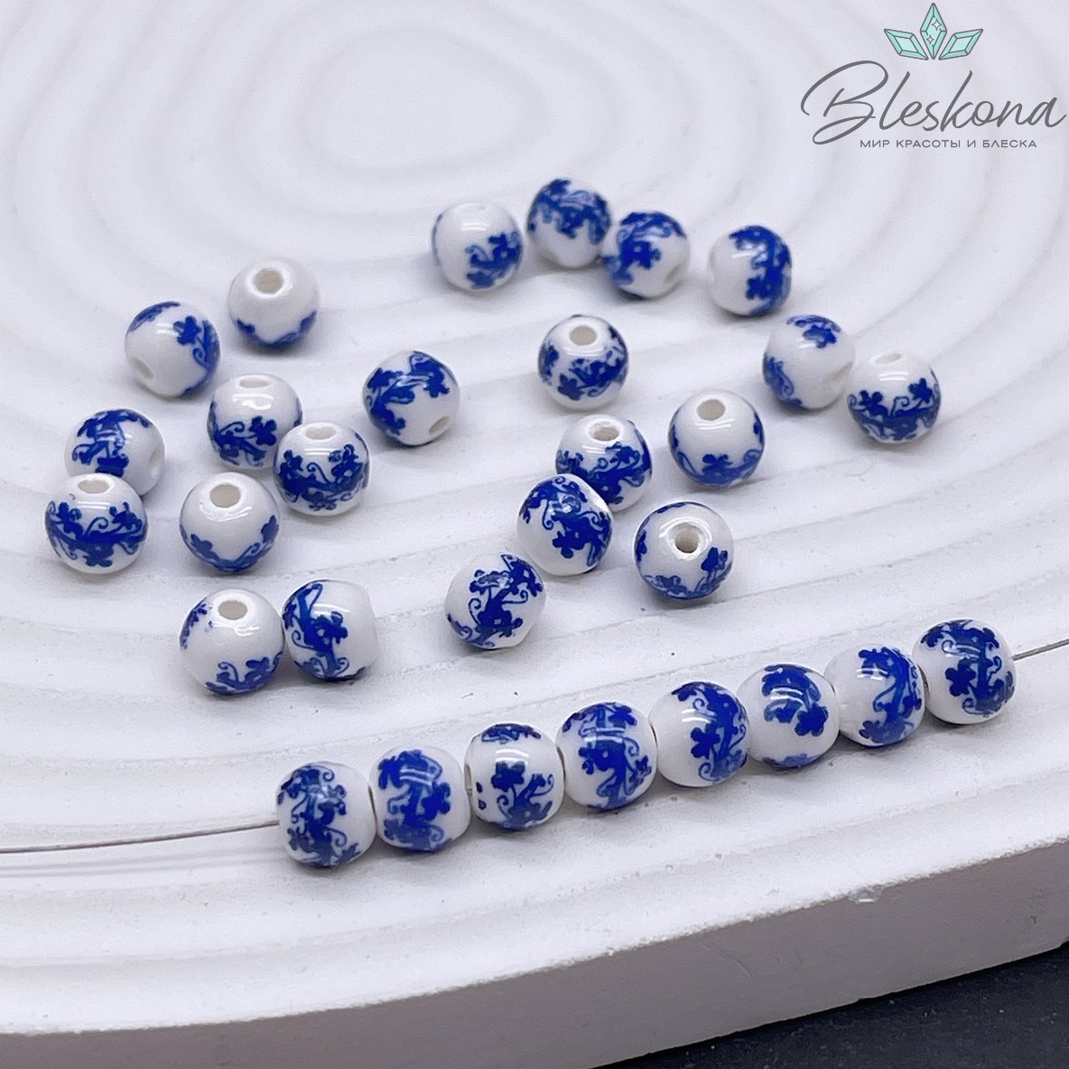 6 мм Керамика Бусина роспись гжель №1 (штучно)