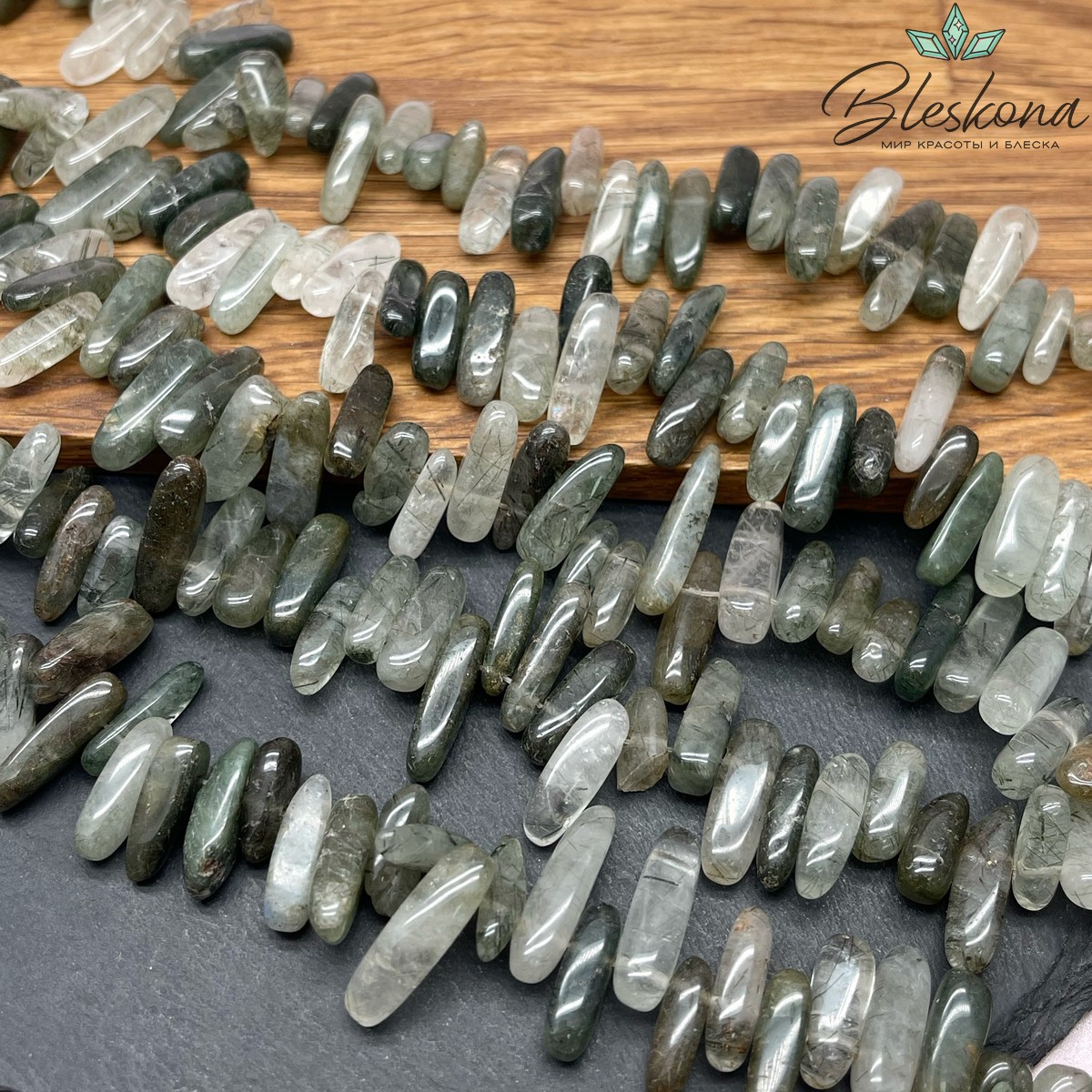 Кварц Рутиловый зеленый сколы шлифованные №6 10-19 мм