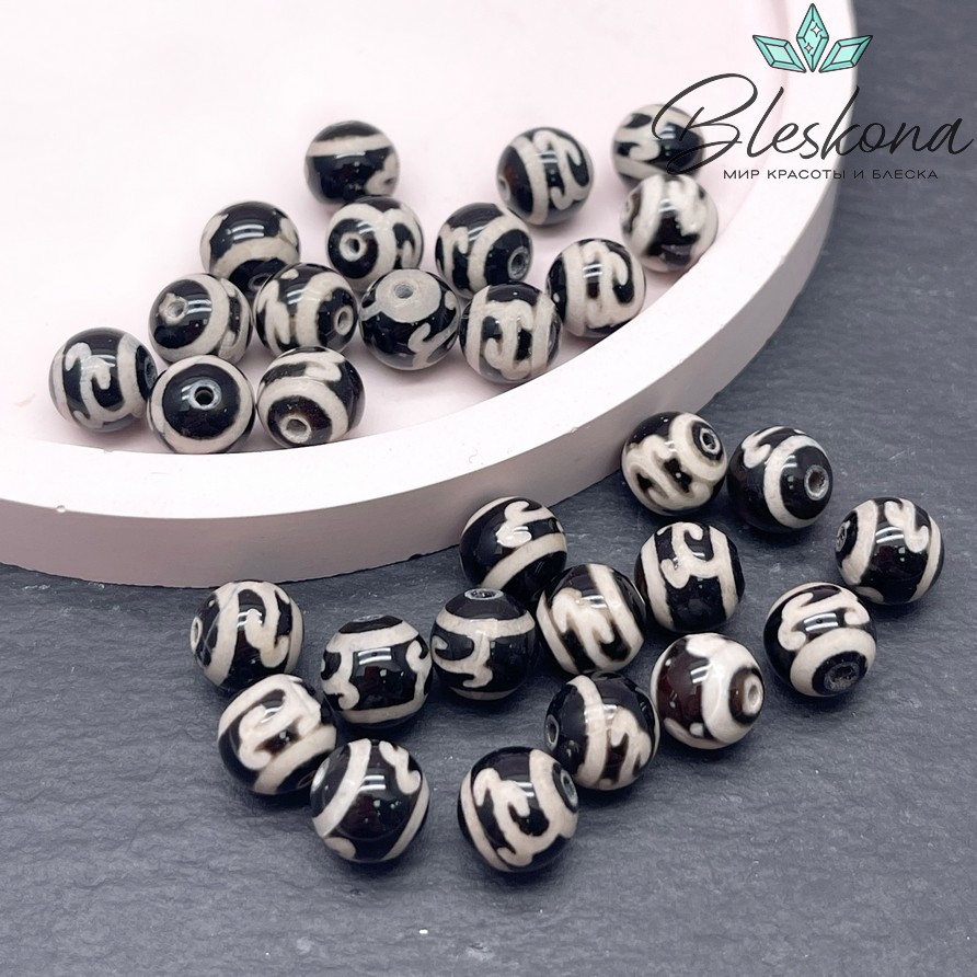 Бусина Дзи Зеленая тара черно-белый шар 8 мм уп.15 шт