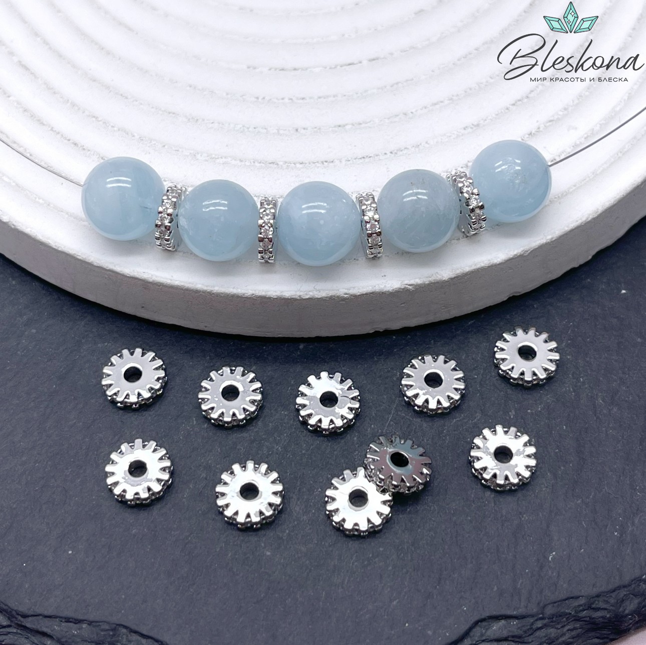 8*2 мм Цвет серебро, Бусина-разделитель с цирконами 