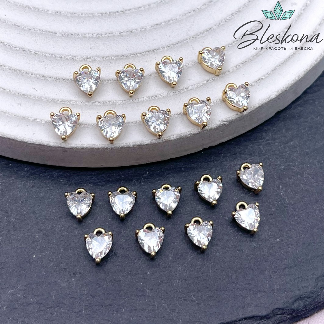 8*6 мм Цвет золото, Подвеска сердце мини белый циркон 