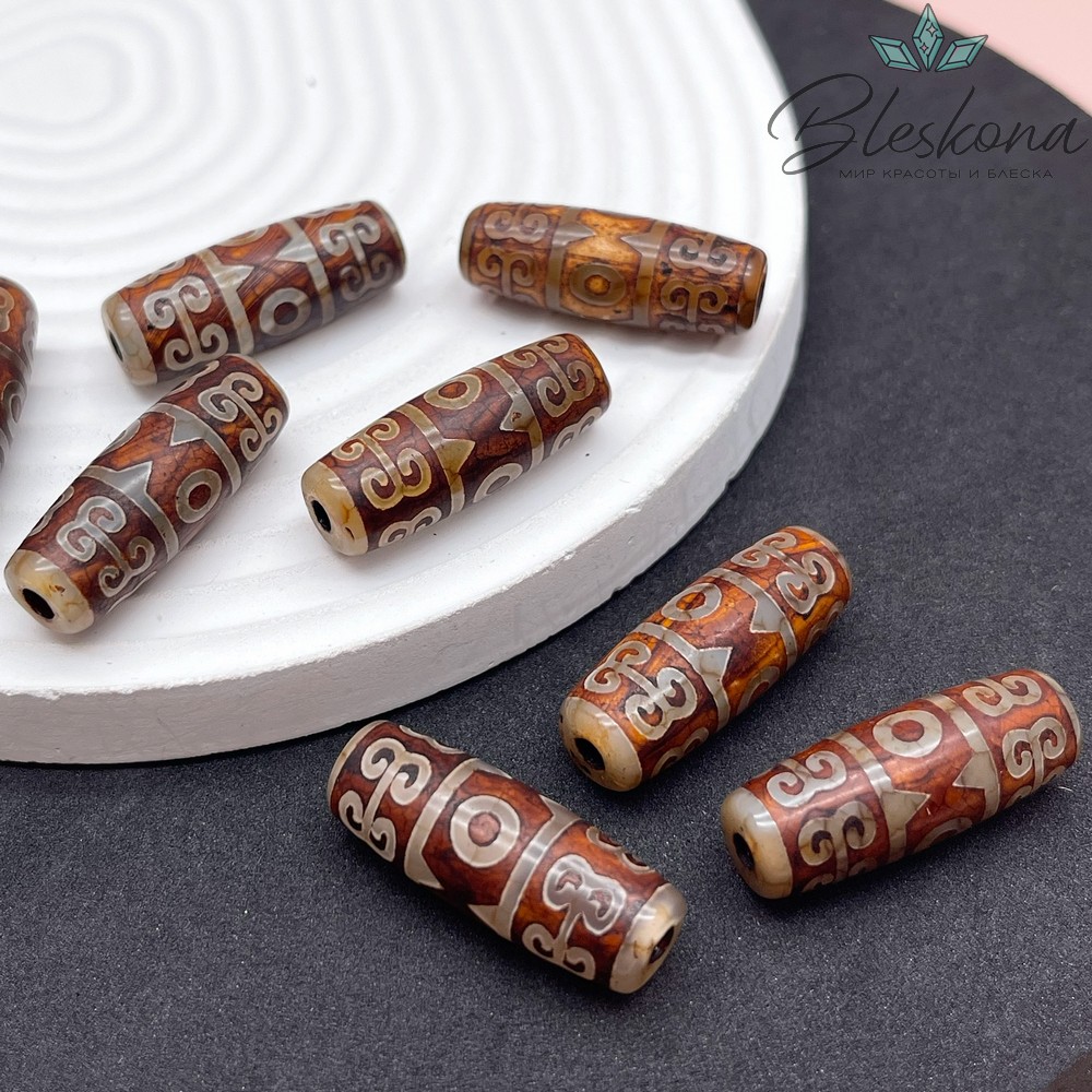 Бусина Дзи 3 глаза Вены Дракона коричневый бочонок 30*11 мм