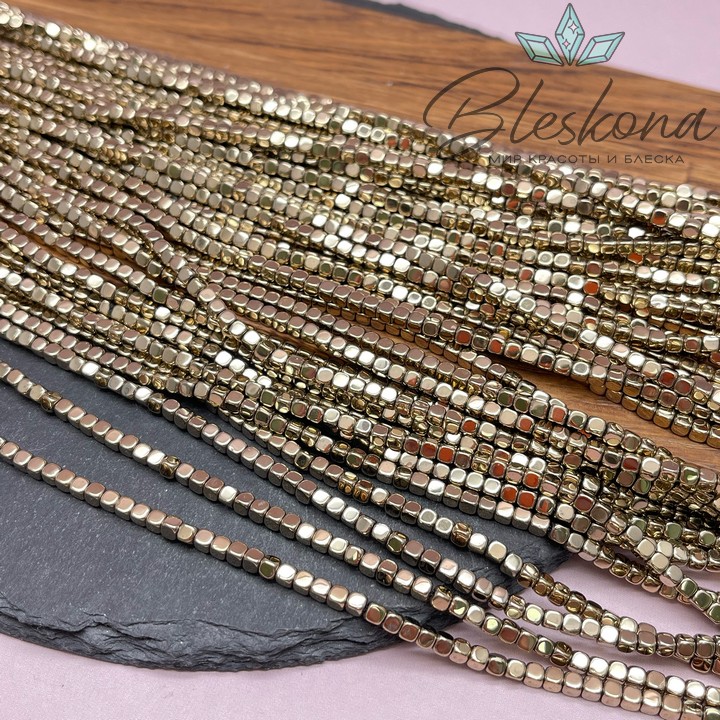 3 мм Гематин, куб округленные стороны, темное золото имитация №1