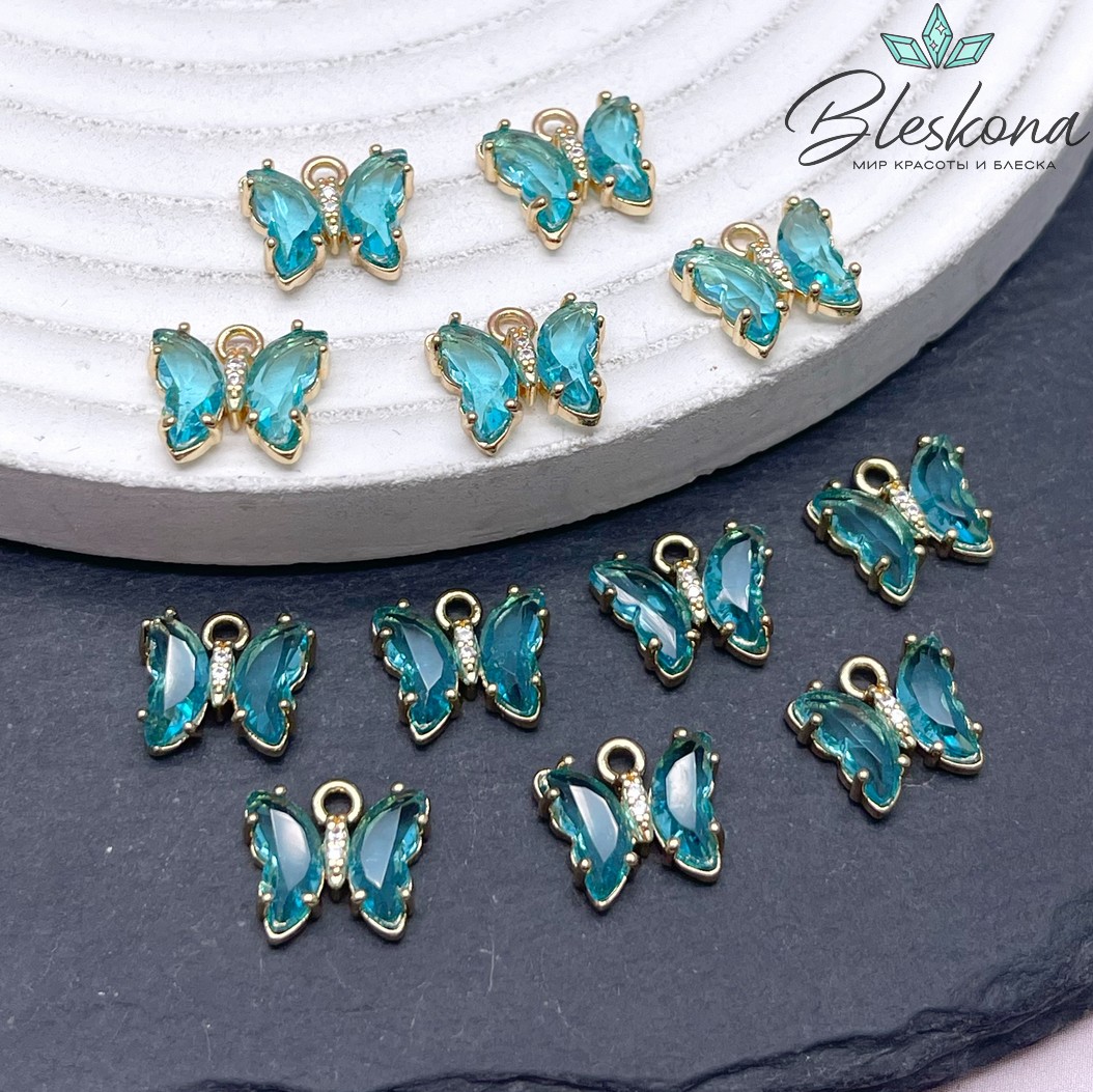 9,5*11 мм, Цвет золото, Подвеска бабочка стекло бирюзовое 