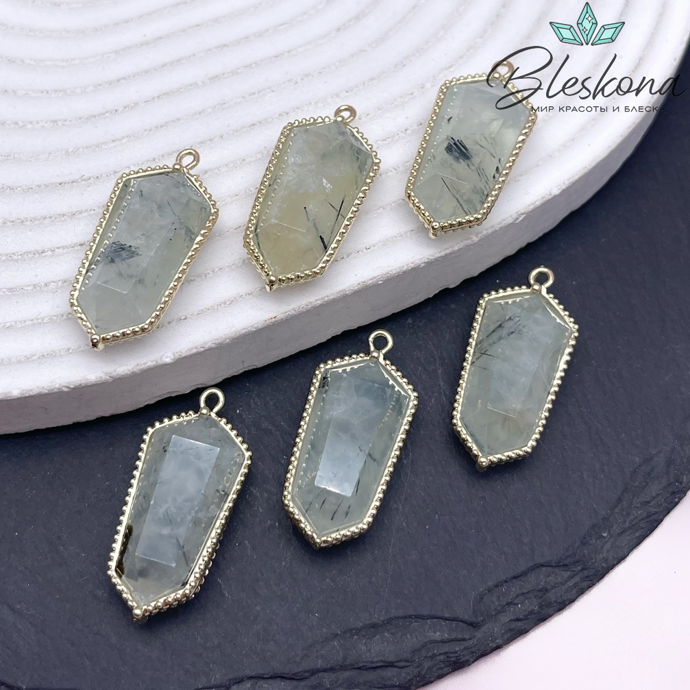 13,5*30мм, цвет золото ,Подвеска Шестиугольник Пренит в обрамлении цирконы