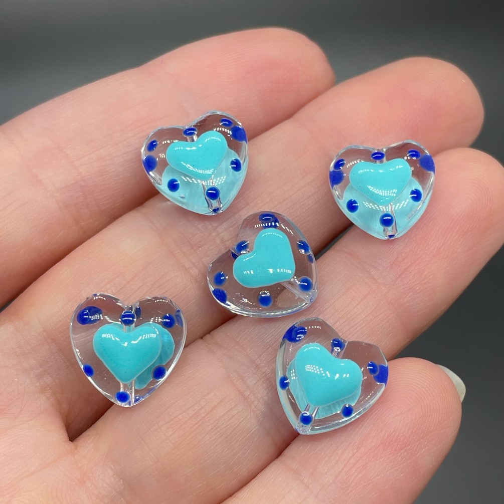 13,5 мм, Стекло бусина сердце с бирюзовым сердечком точки уп.5 шт