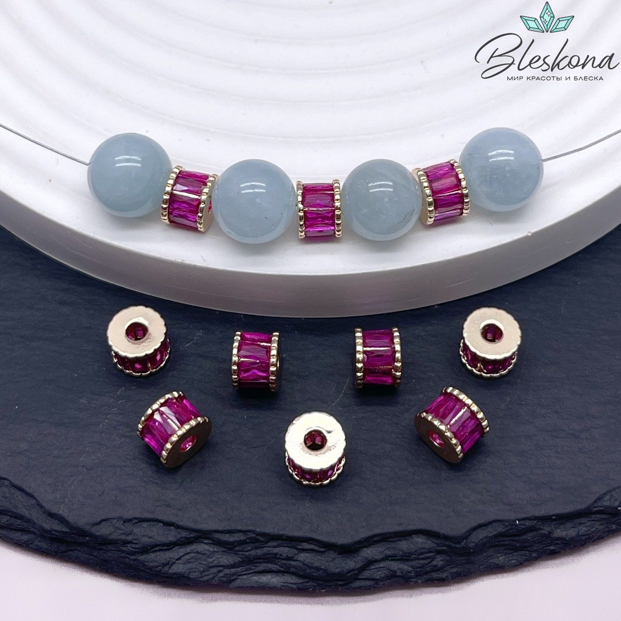 7*5 мм Цвет золото, Бусина - разделитель малиновый циркон