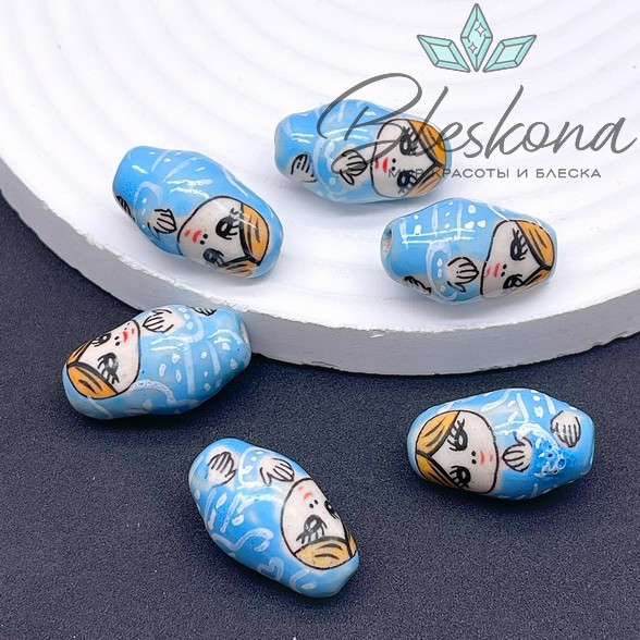 23*14 мм Керамика бусина матрёшка голубая