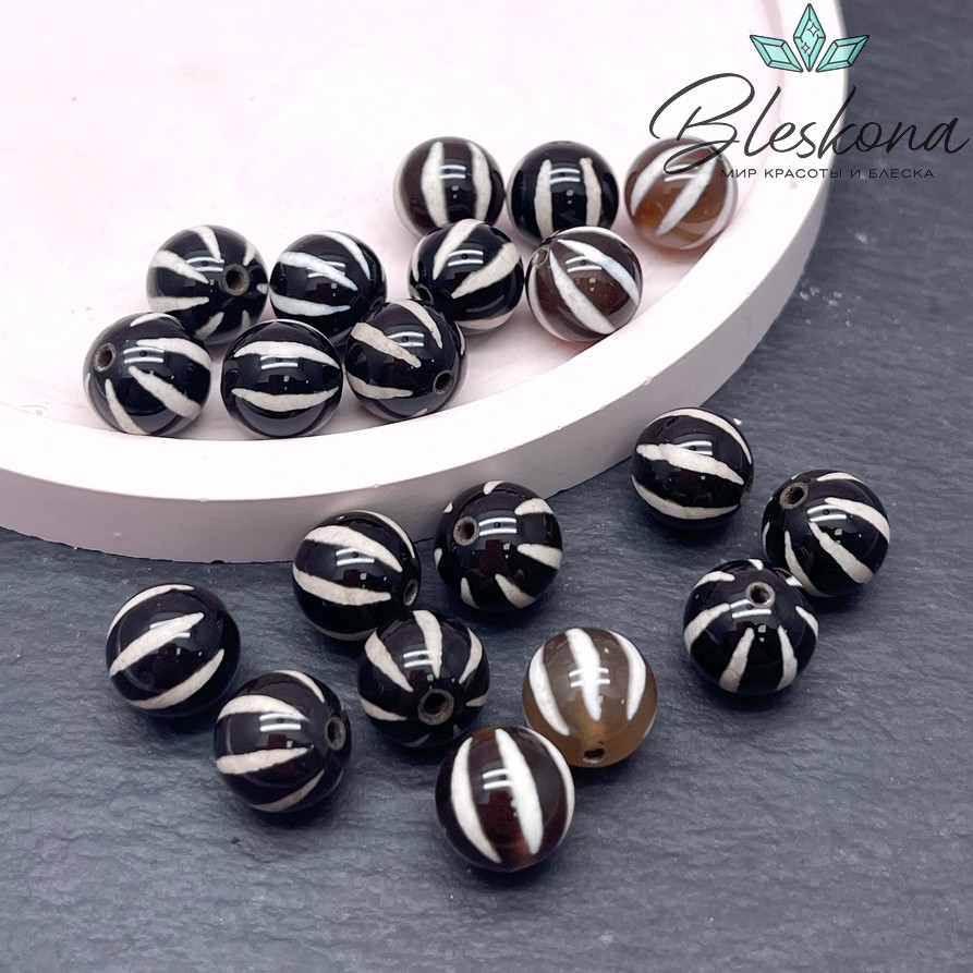 Бусина Дзи полосы черно-белый шар 10 мм уп.10 шт.