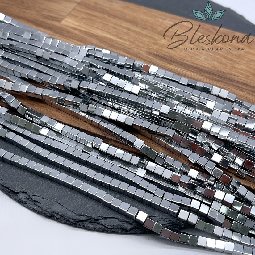 4 мм Гематин имитация, цвет темное серебро, куб