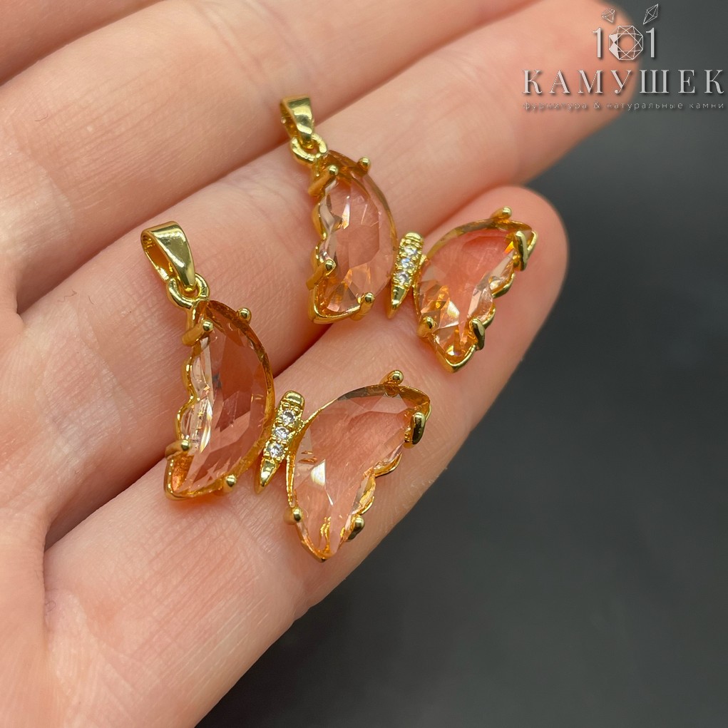 16*22мм, Цвет золото, Подвеска Бабочка  стекло шампань