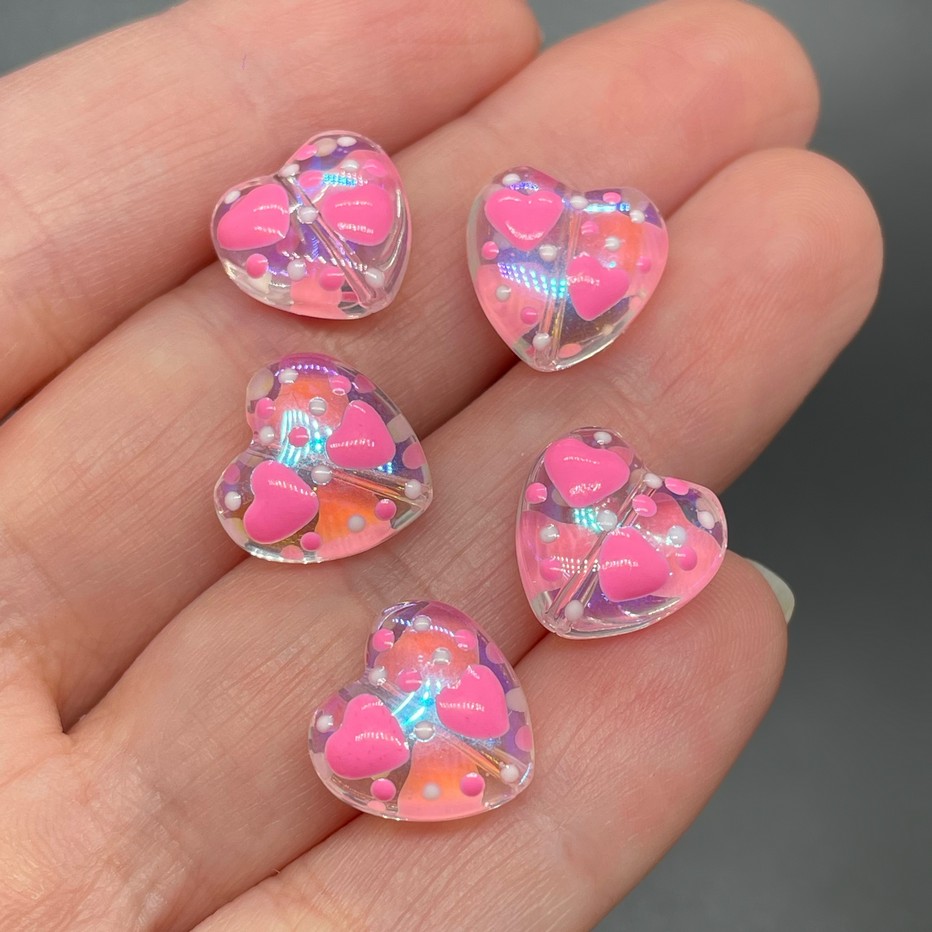 12 мм, Стекло бусина сердце с розовыми сердечками  уп.5 шт