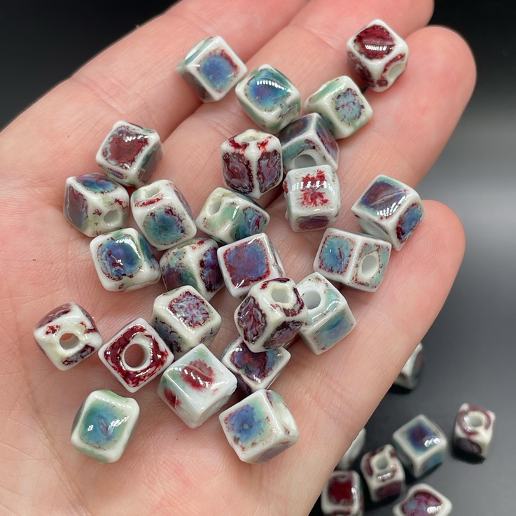 8 мм Бусина куб, керамика цвет голубой рисунок №2