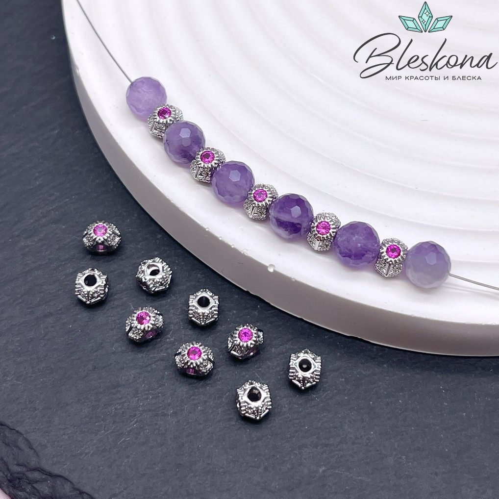 3,8*5,6 мм Цвет серебро, Бусина-разделитель розовый циркон