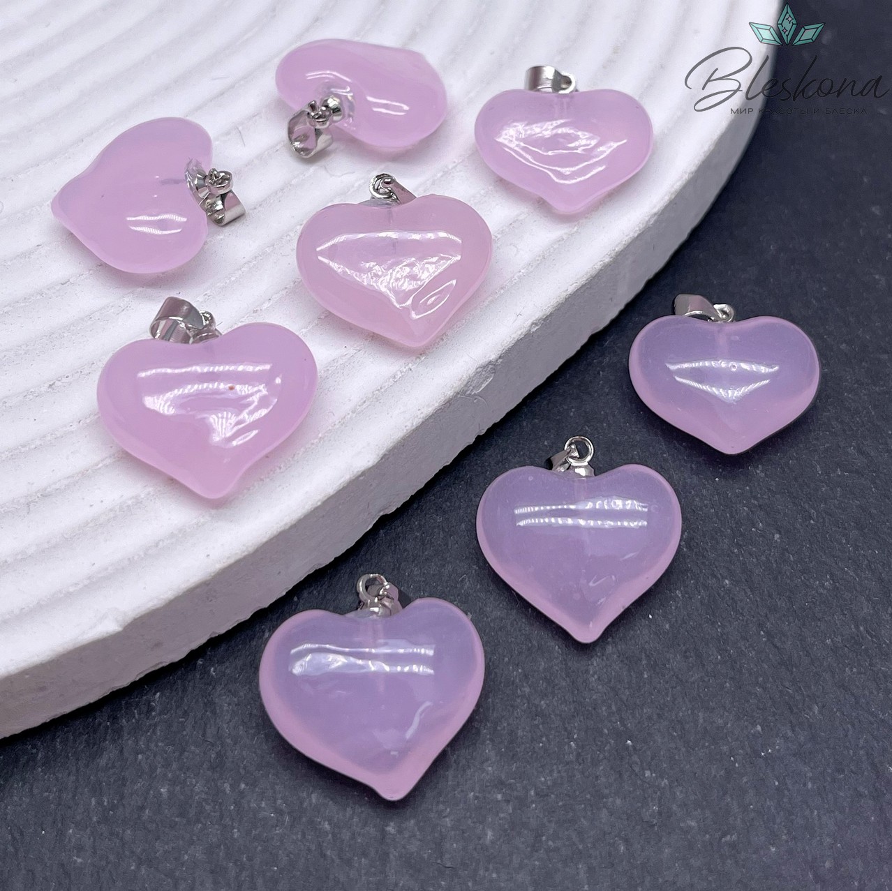 17 мм, Цвет серебро, Подвеска сердце стекло розовое