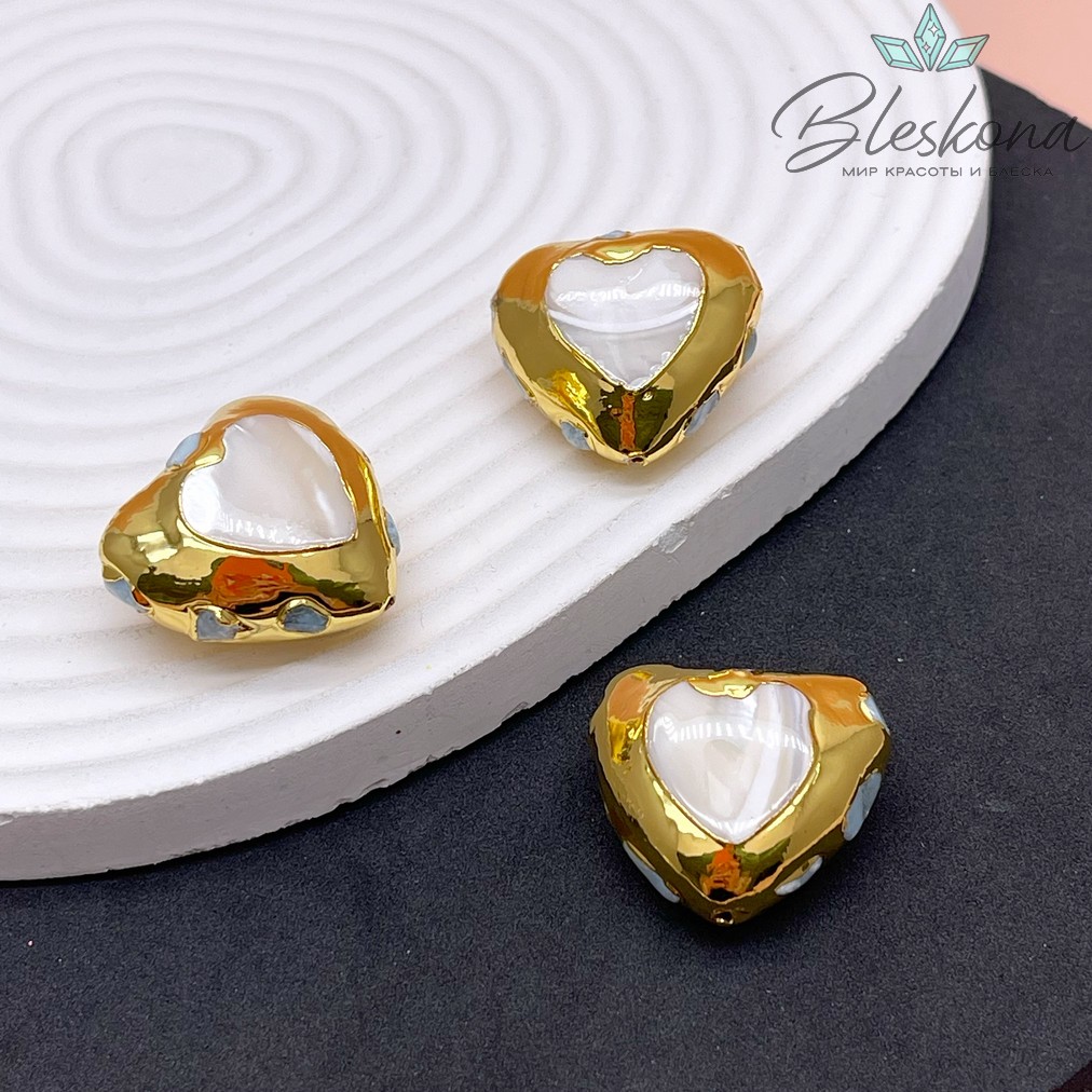 25*27 мм Цвет золото, Бусина  Сердце Перламутр инкрустированное аквамарином