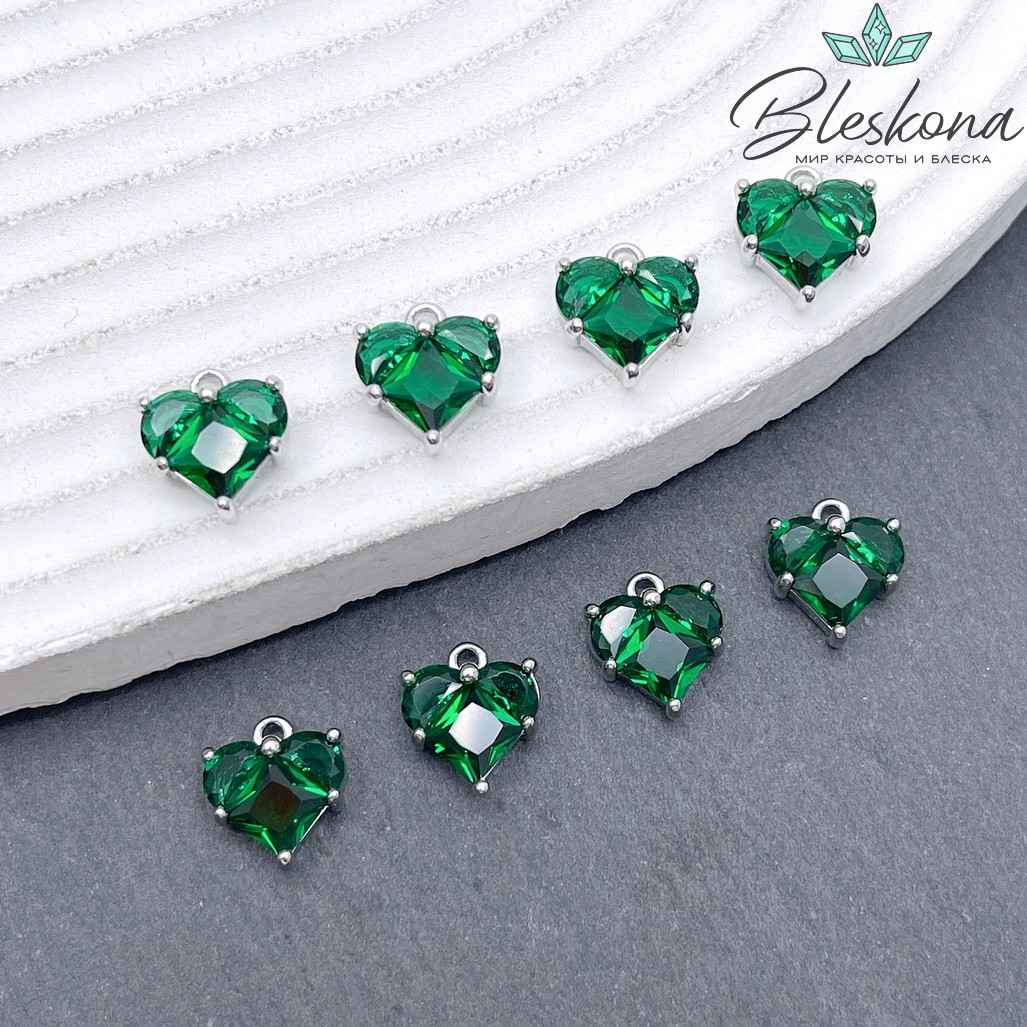 10*9,5 мм Цвет серебро, Подвеска Сердце зеленые цирконы