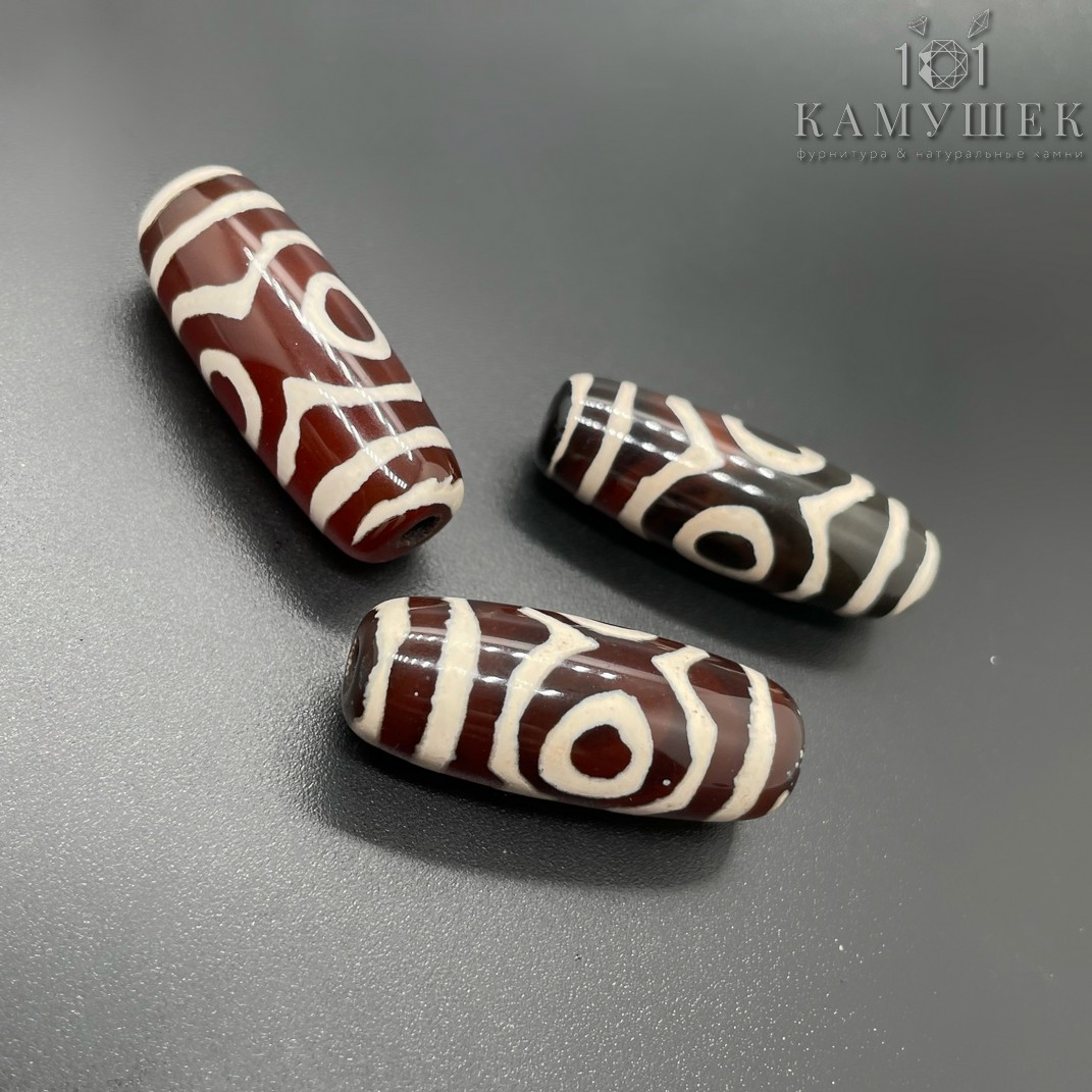 Бусина Дзи 3 глаза коричнево-белый бочонок 30*11 мм