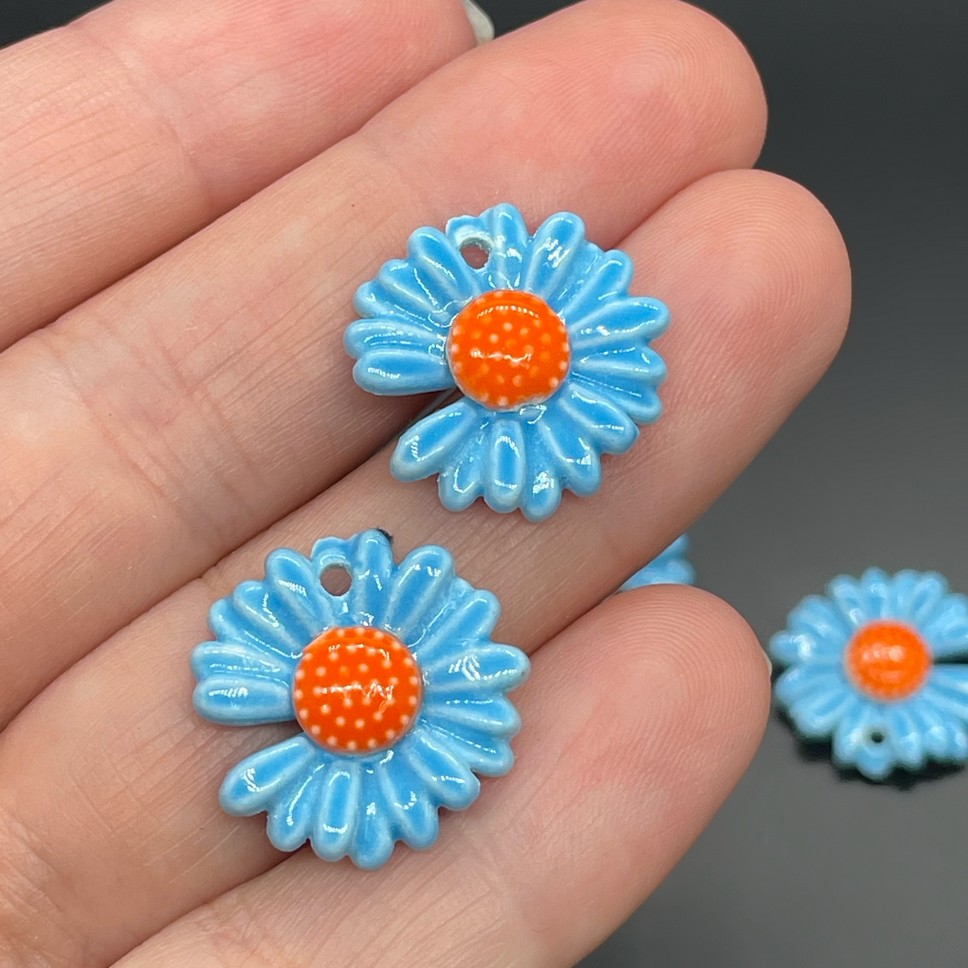 18мм, Подвеска Ромашка, цвет синий центр оранжевый