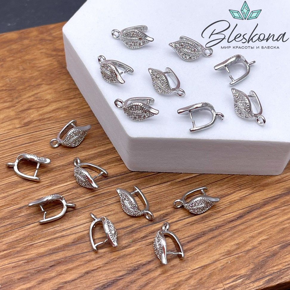 13,5*6,2 мм Цвет серебро, Бейл Зажимной лист большой цирконы