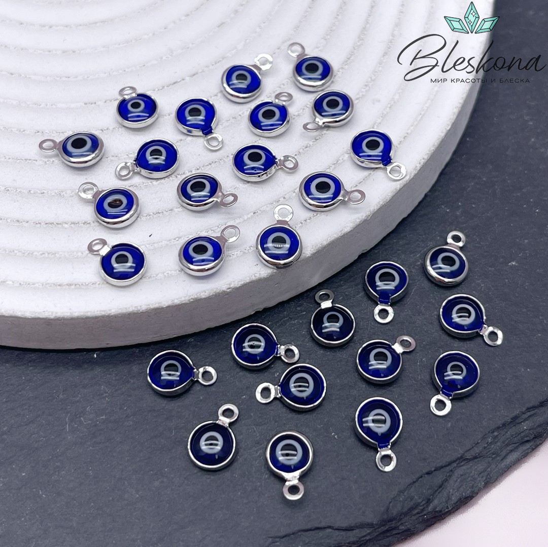 10*6,5 мм Цвет серебро, Подвеска мини глаз синяя эмаль 
