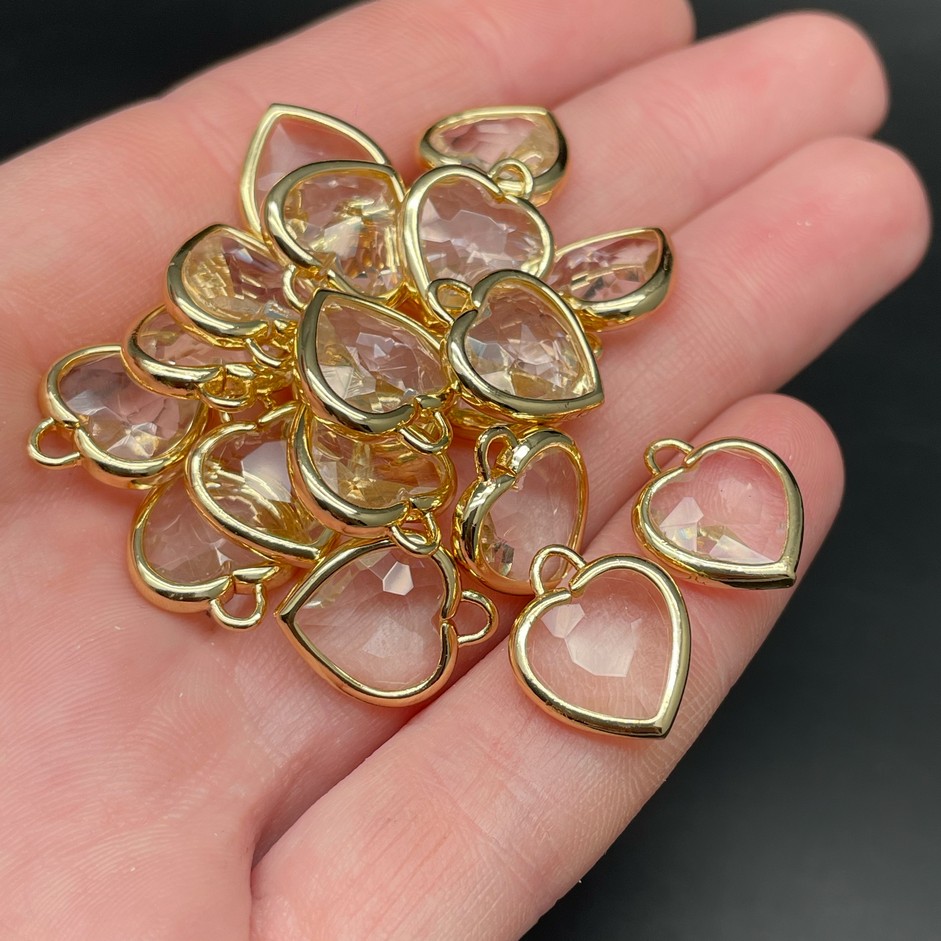 12 мм, Цвет золото, Подвеска сердце стекло прозрачное