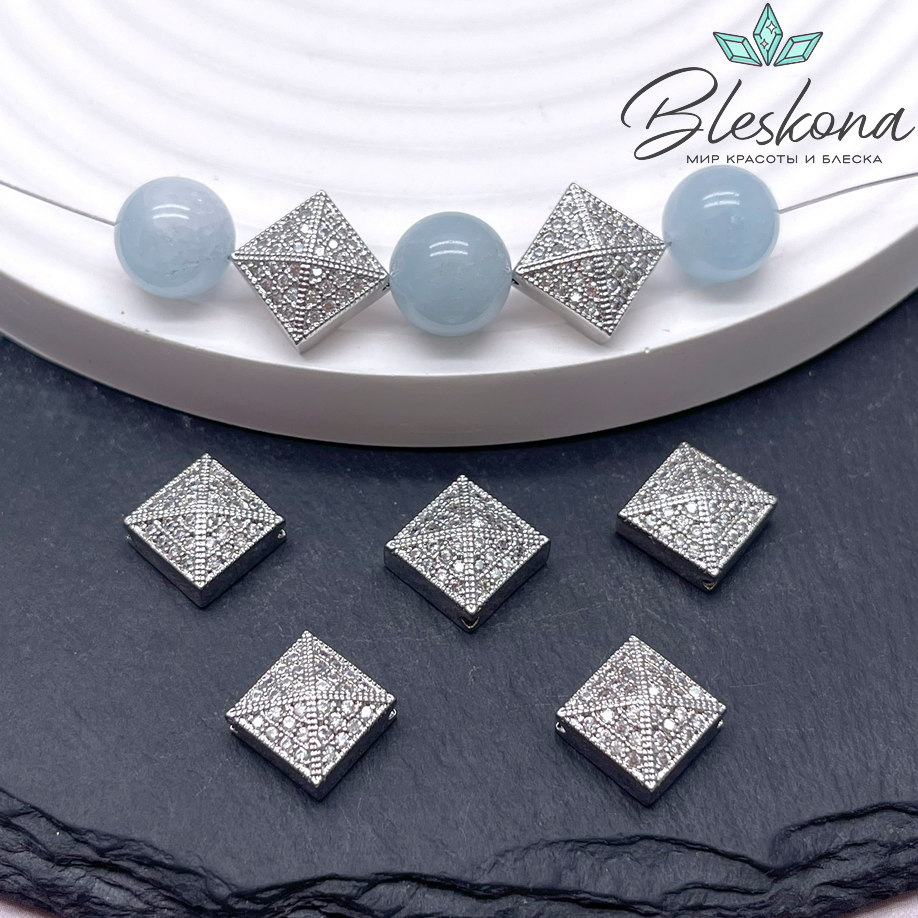 13,5*10 мм Цвет серебро, Бусина ромб плоский цирконы