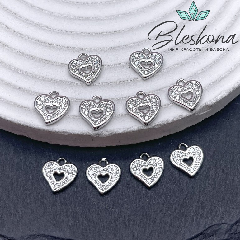 10,3*10 мм Цвет серебро, Подвеска сердце цирконы 