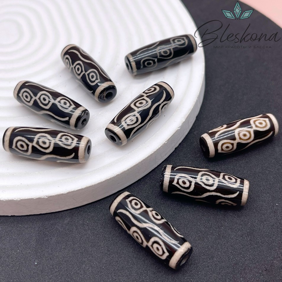 Бусина Дзи 9 глаз Феникса черно-белый бочонок 30*11 мм