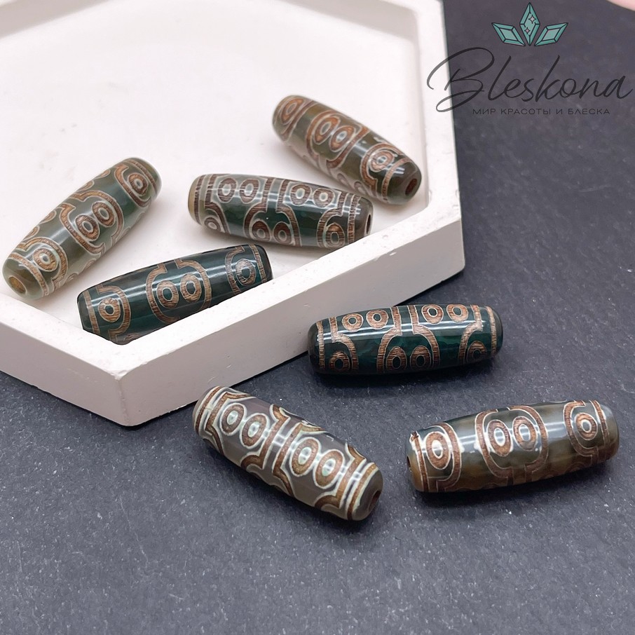 Бусина Дзи 16 глаз зелено-коричневый бочонок 30*11 мм