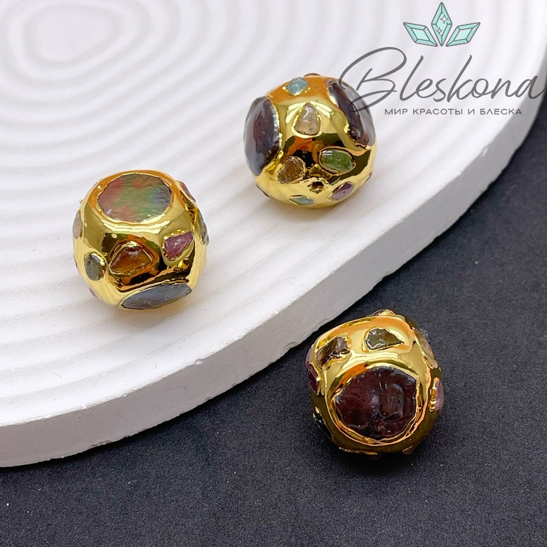 20 мм Цвет золото, Бусина  Жемчуг инкрустированная натуральными камнями