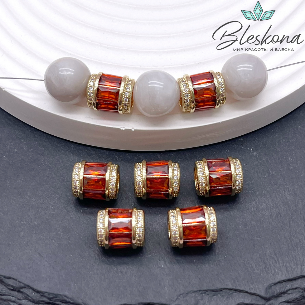 11*9,5 мм, цвет золото, Бусина цилиндр красные цирконы