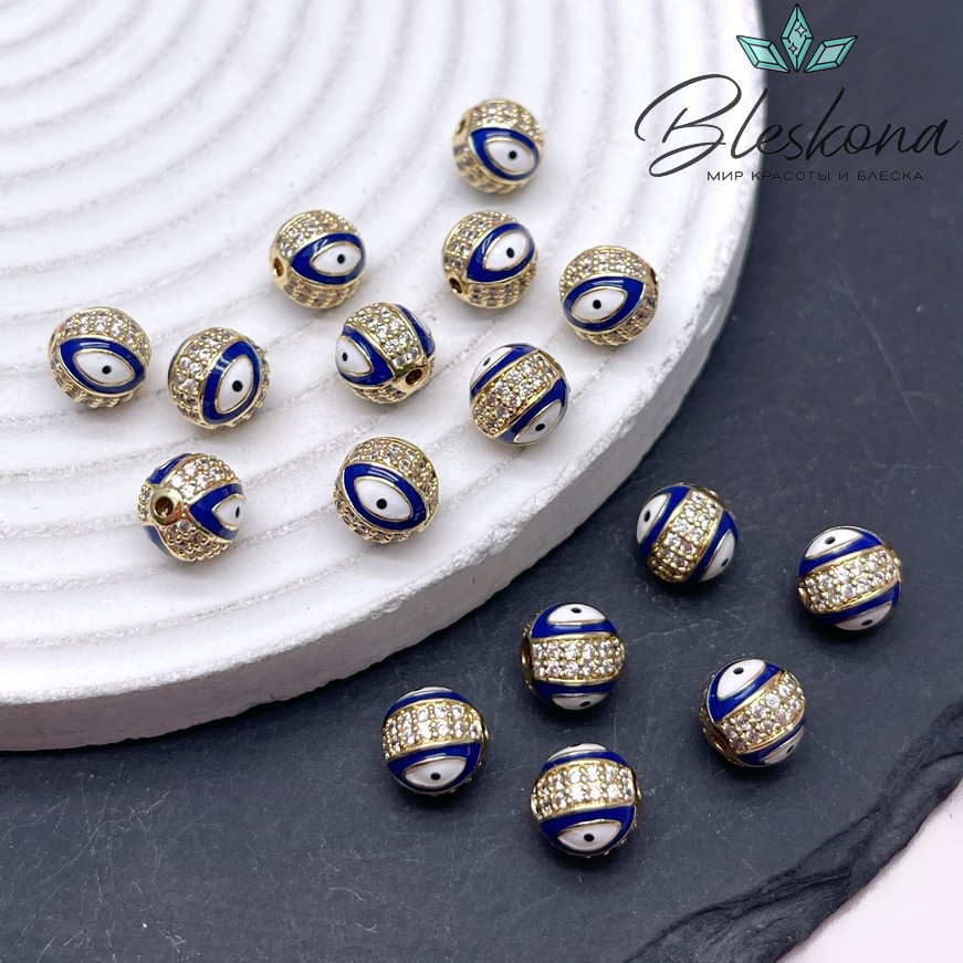 8,5 мм Цвет золото, Бусина с глазком синяя эмаль