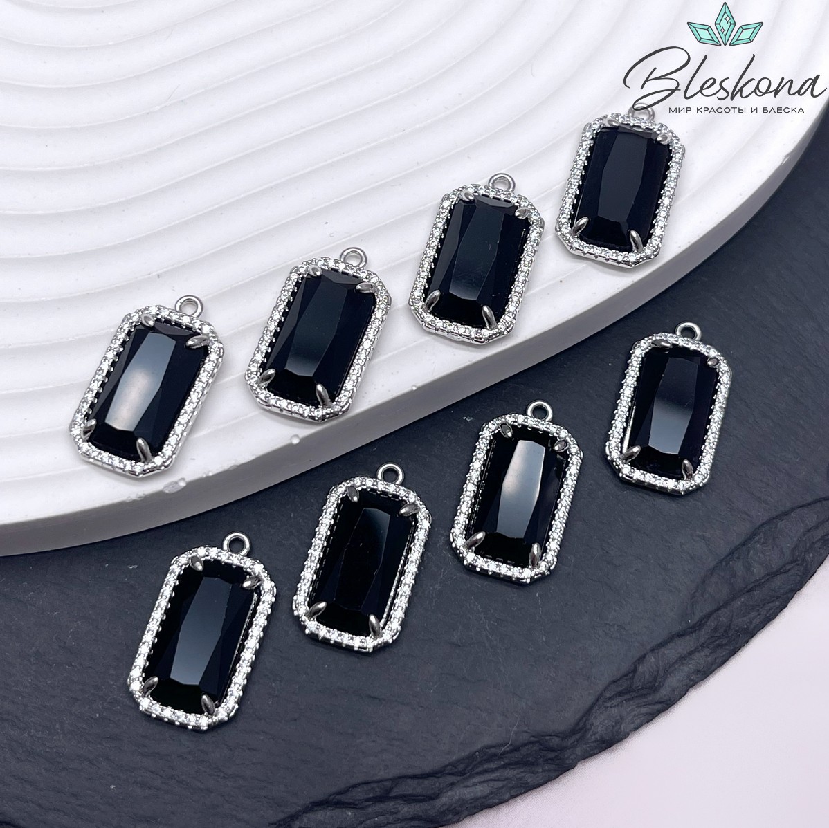 12*21мм, цвет серебро ,Подвеска Прямоугольник Агат черный в обрамлении цирконы