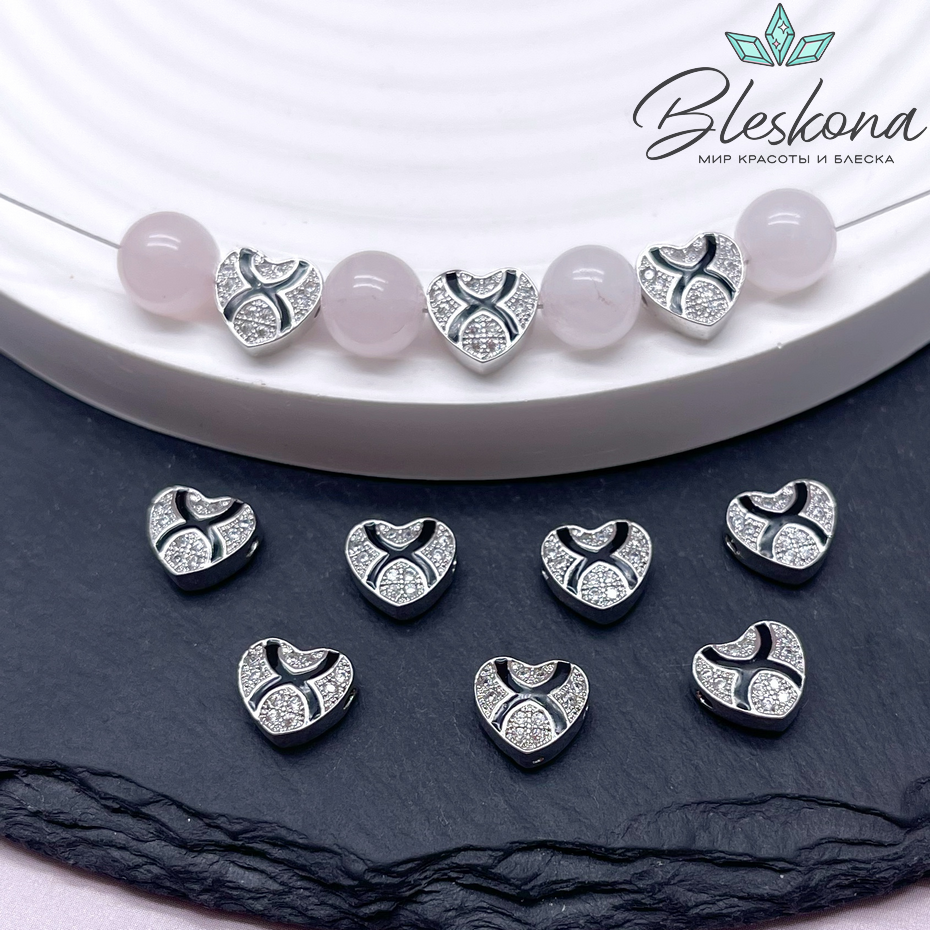 8,5*9 мм Цвет серебро, Бусина сердце цирконы черная эмаль