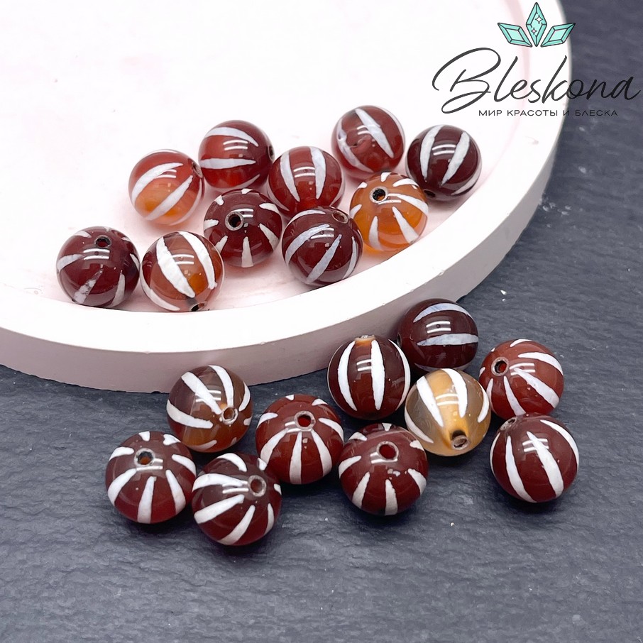 Бусина Дзи полосы бело-коричневый шар 10 мм уп.10 шт.