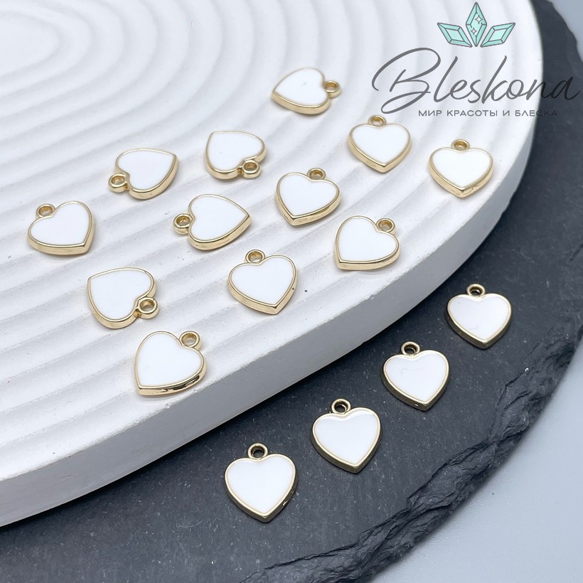 11*10 мм Цвет золото, Подвеска сердце белая эмаль 
