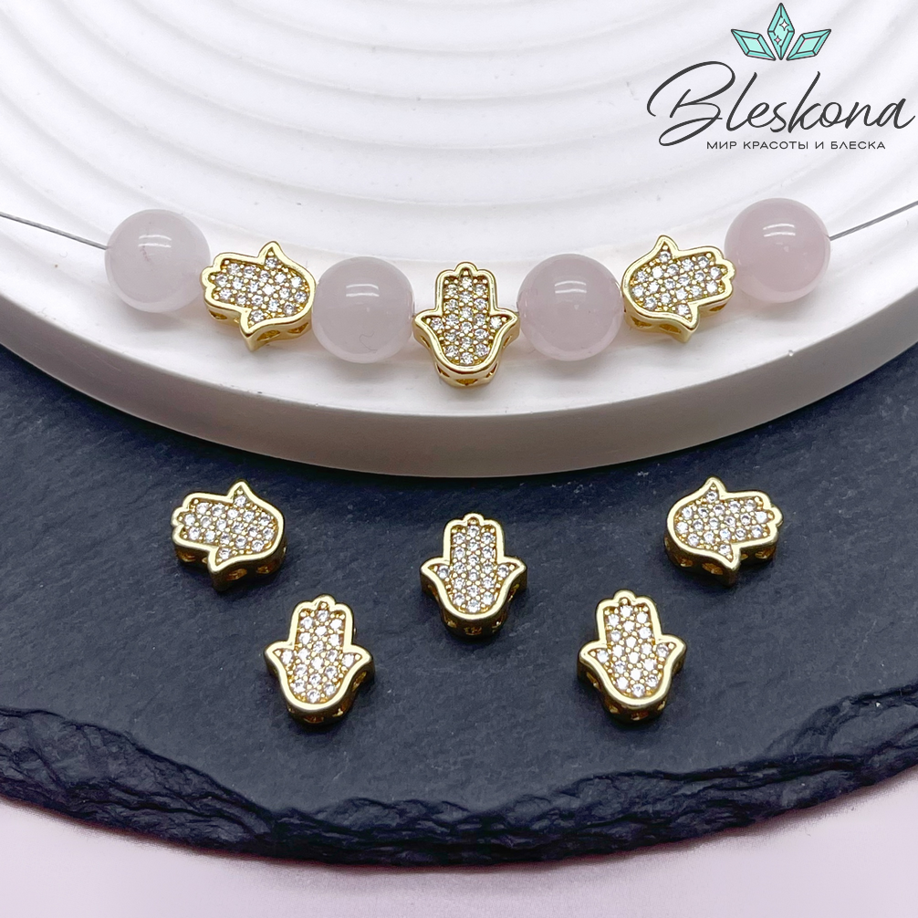 9*8 мм Цвет золото, Бусина рука Фатимы цирконы