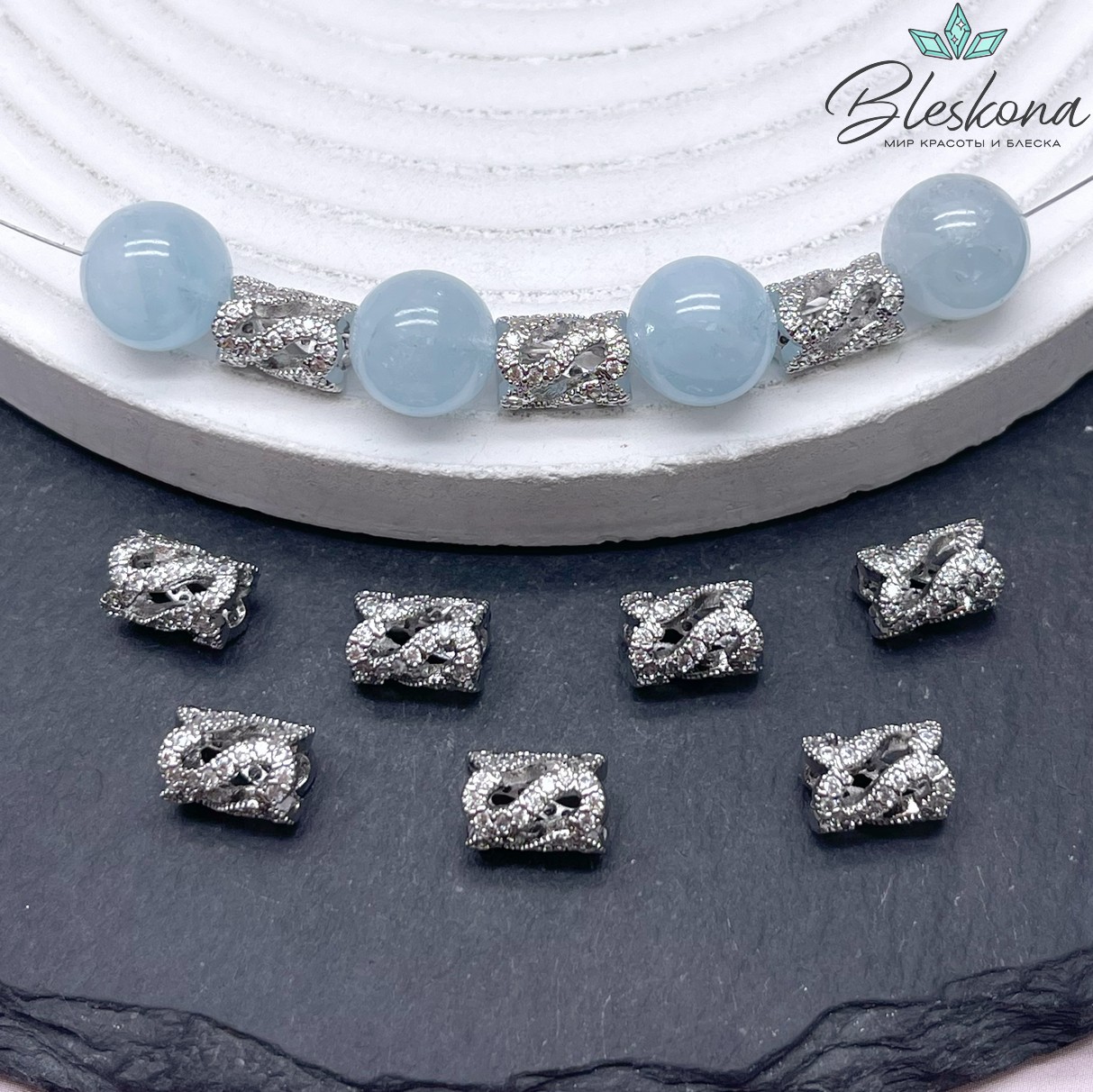 9*6 мм Цвет серебро, Бусина цилиндр цирконы