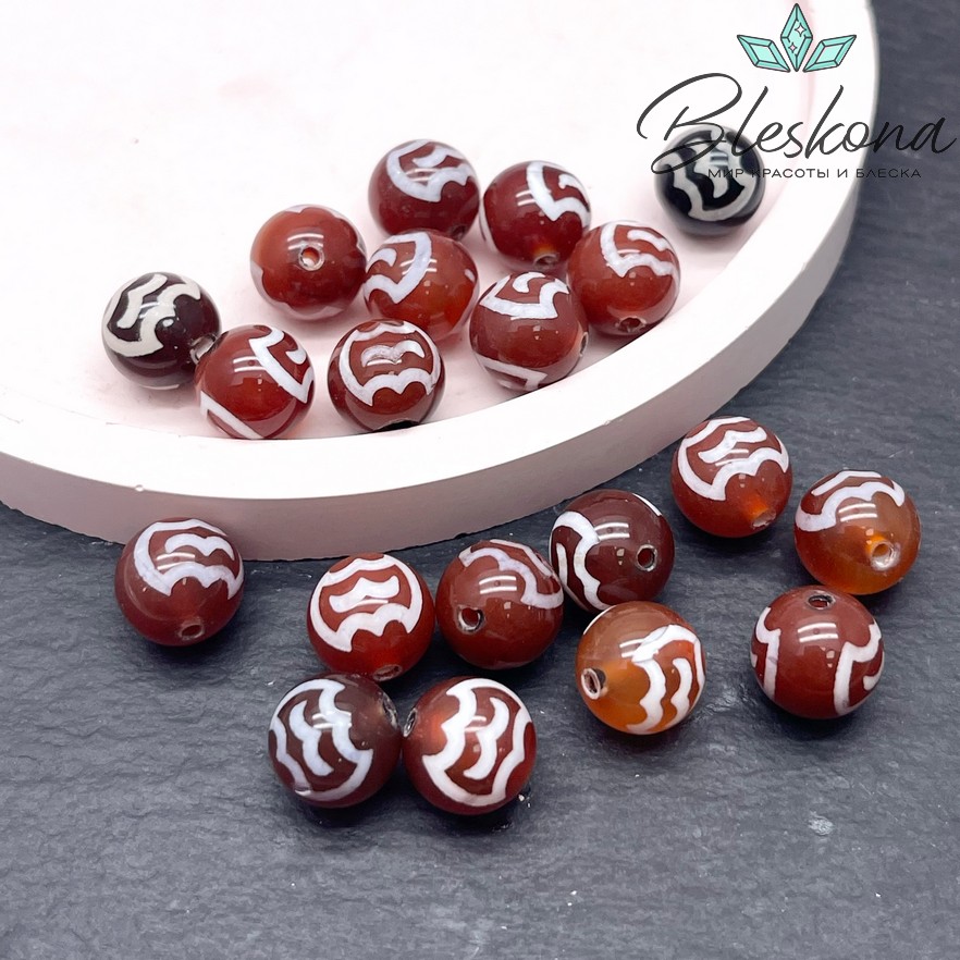 Бусина Дзи Птица Гаруда бело-коричневый шар 10 мм уп.10 шт.