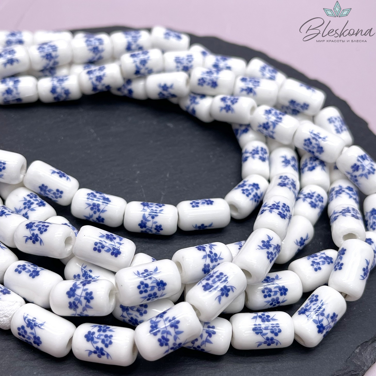 17*10 мм Керамика Бусина бочонок  роспись гжель №2