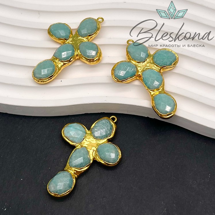 52*35 мм Цвет золото, Подвеска крест Амазонит в обрамлении