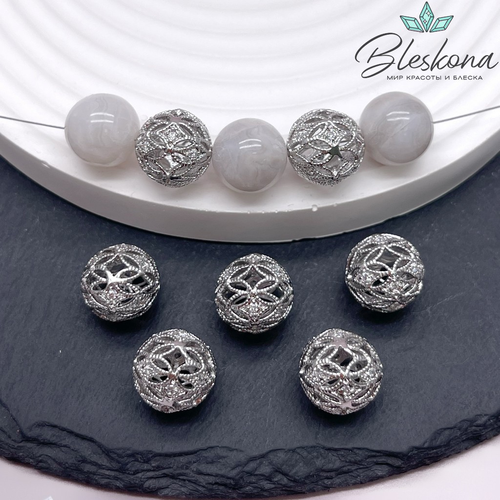 12,5 мм Цвет серебро, Бусина шар ромбики цирконы