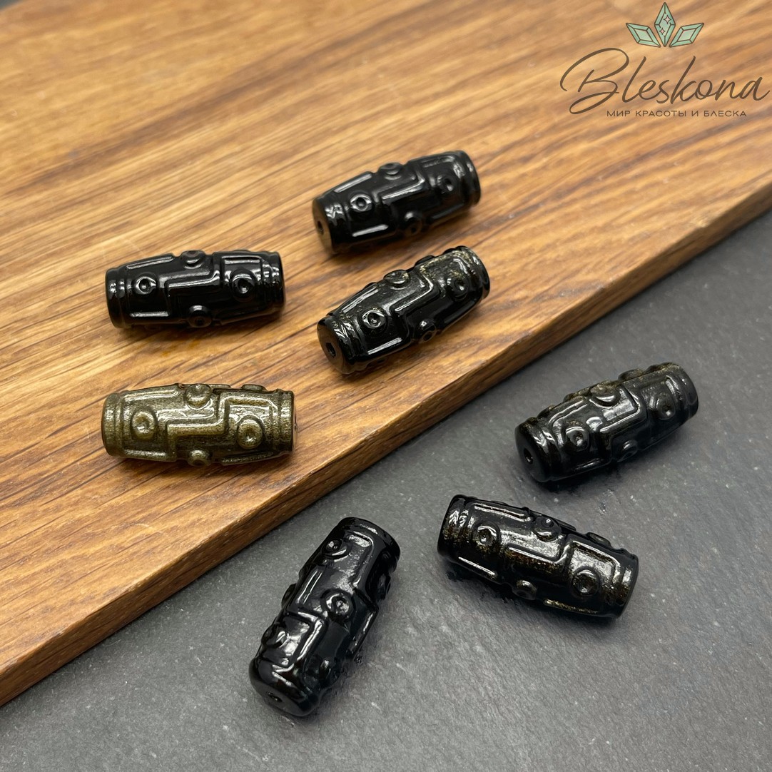 Резная Бусина Дзи 9 глаз Обсидиан золотистый 23*10 мм