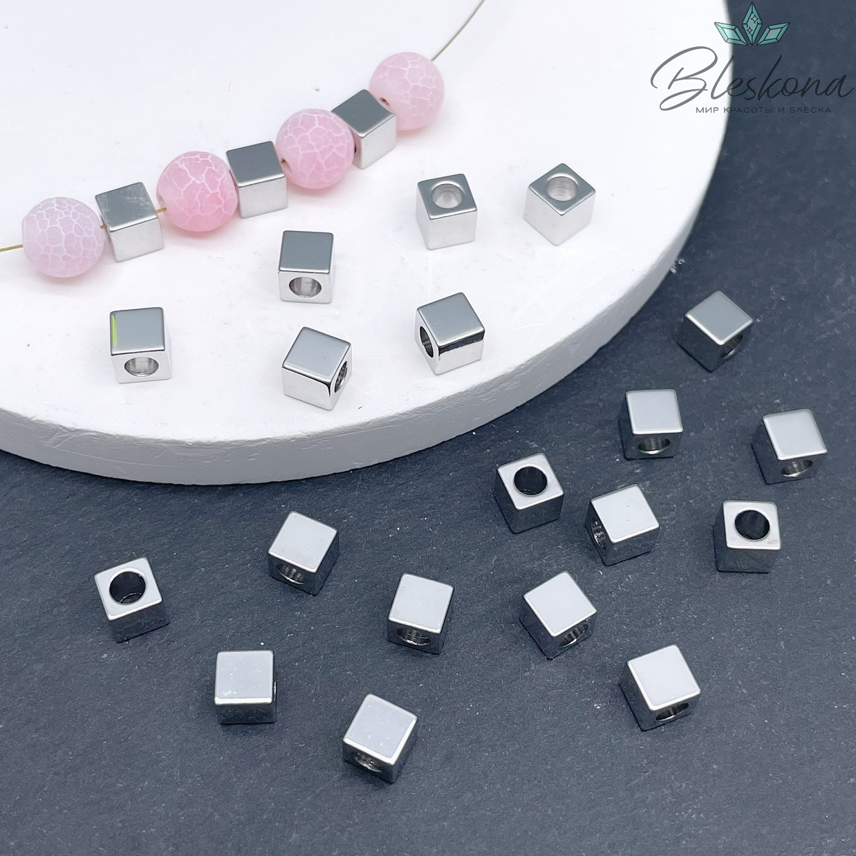 5мм Цвет серебро, Бусина куб гладкая Люкс