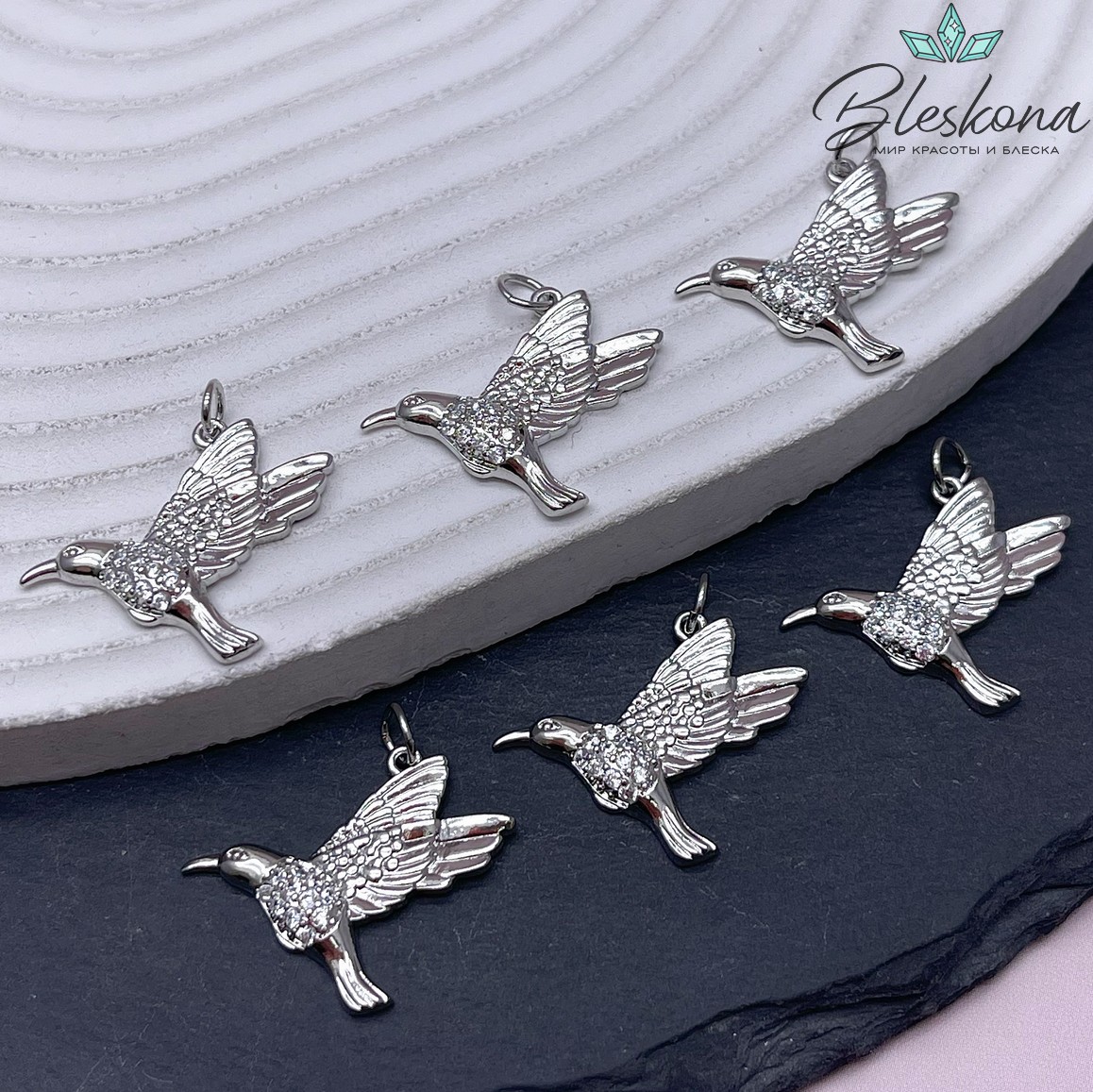 20,5*25 мм Цвет серебро, Подвеска Колибри с цирконами 