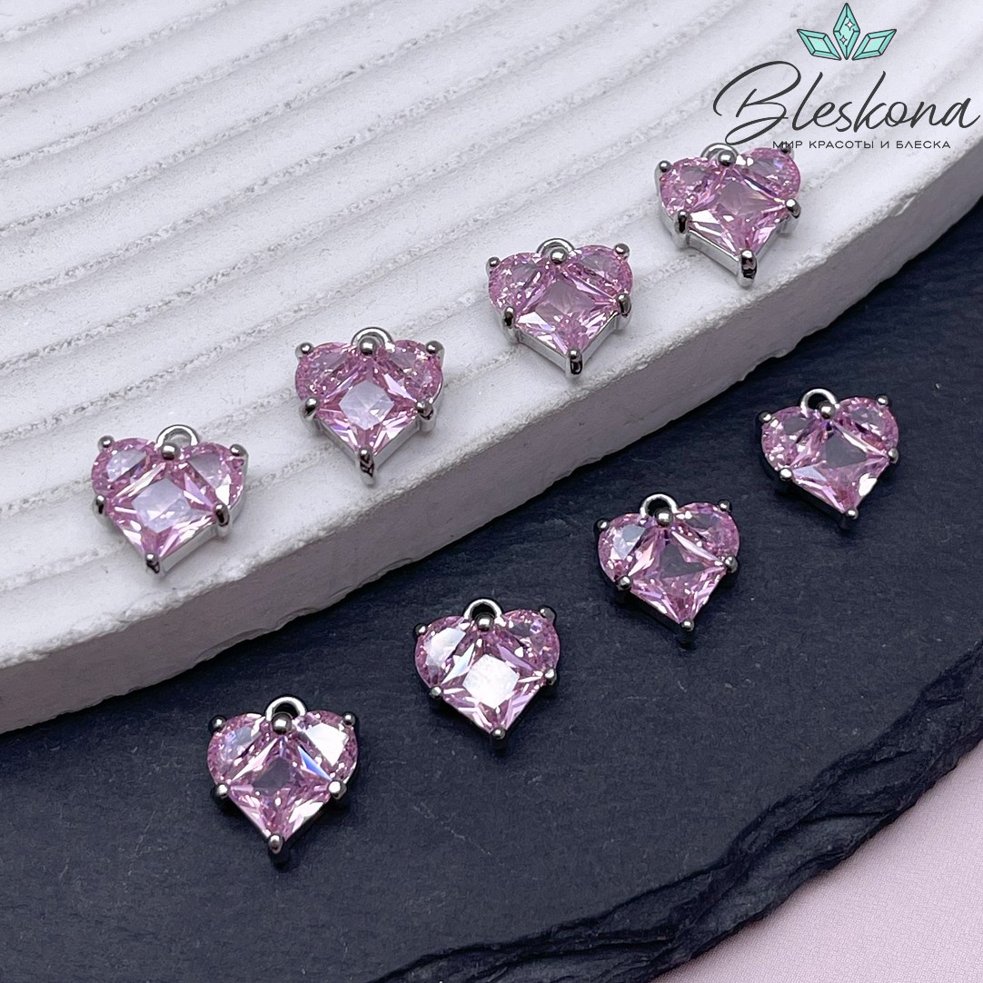 10*9,5 мм Цвет серебро, Подвеска Сердце розовые цирконы
