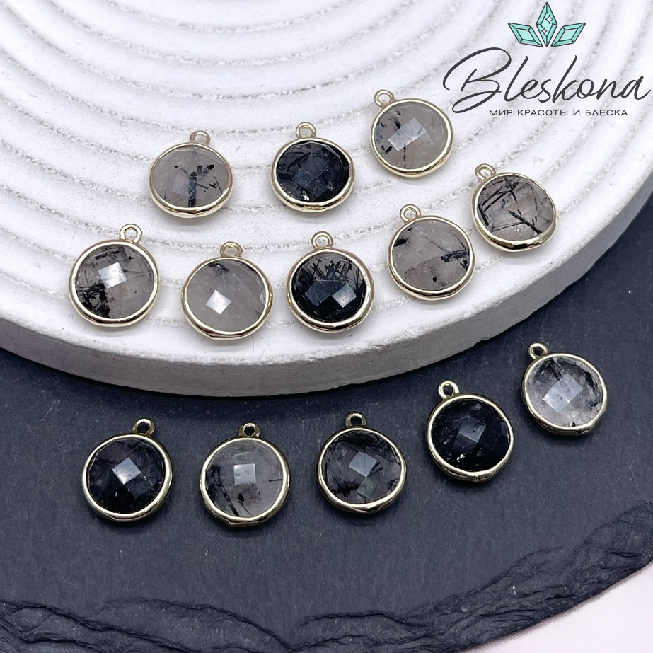 10,5мм, цвет золото ,Подвеска круг мини Турмалиновый кварц огранка