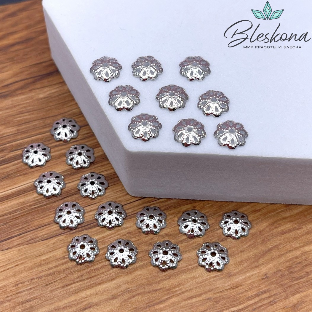 6,5мм, цвет серебро, Шапочка цветок 3