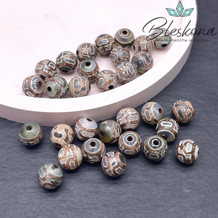 Бусина Дзи Нектарный сосуд изобилия зелено-коричневый шар 8 мм уп.15 шт.